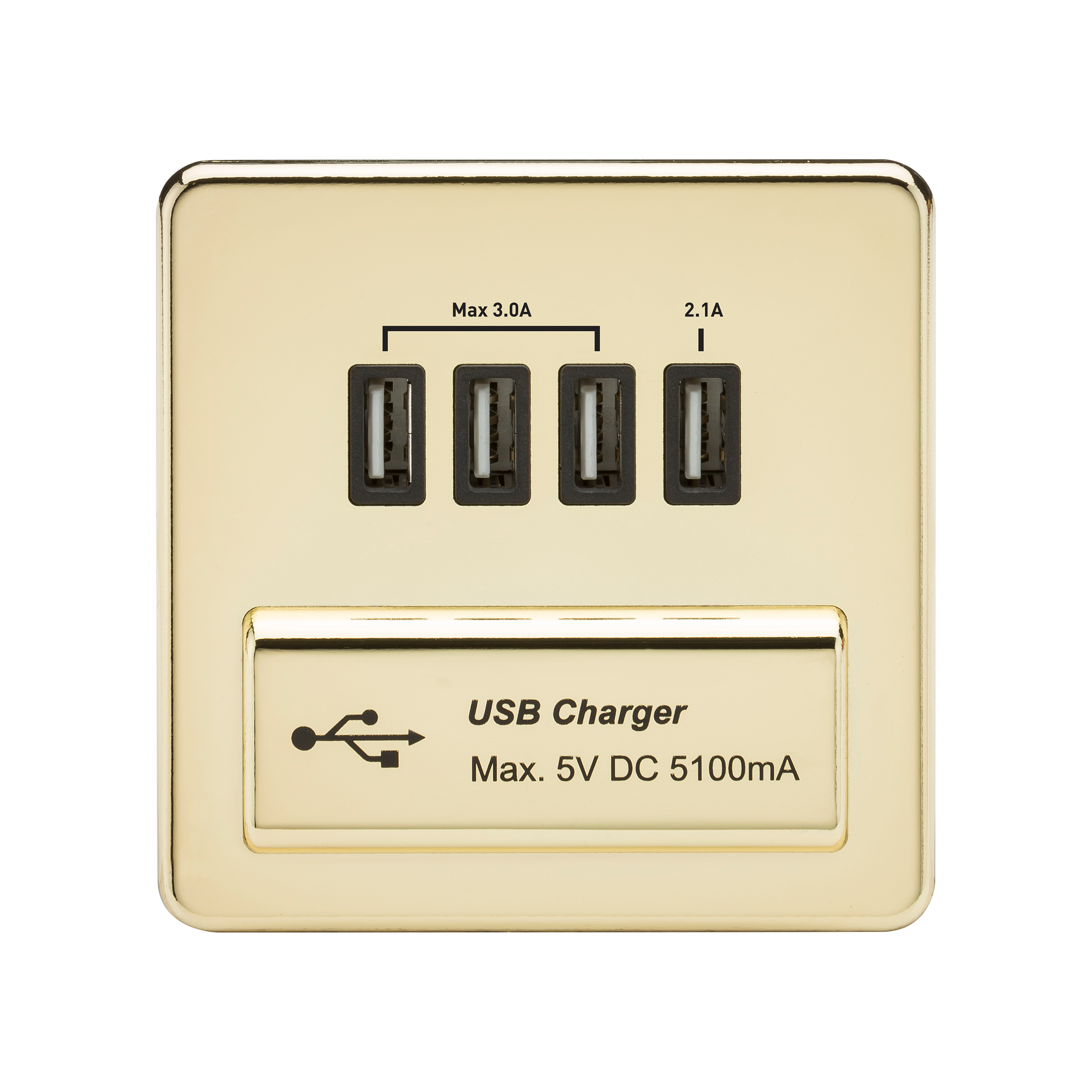 1G Screwless Polished Brass Quad USB 5V Charger Outlet - Black Insert