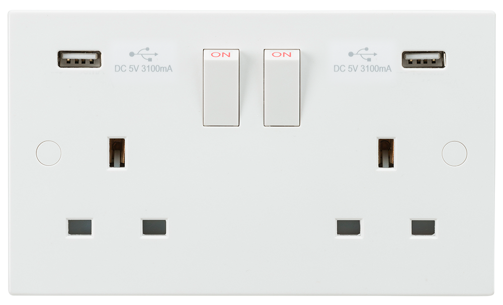 13A White 2G 230V UK 3 Switched Electric Wall Socket & 2 USB Charger Port