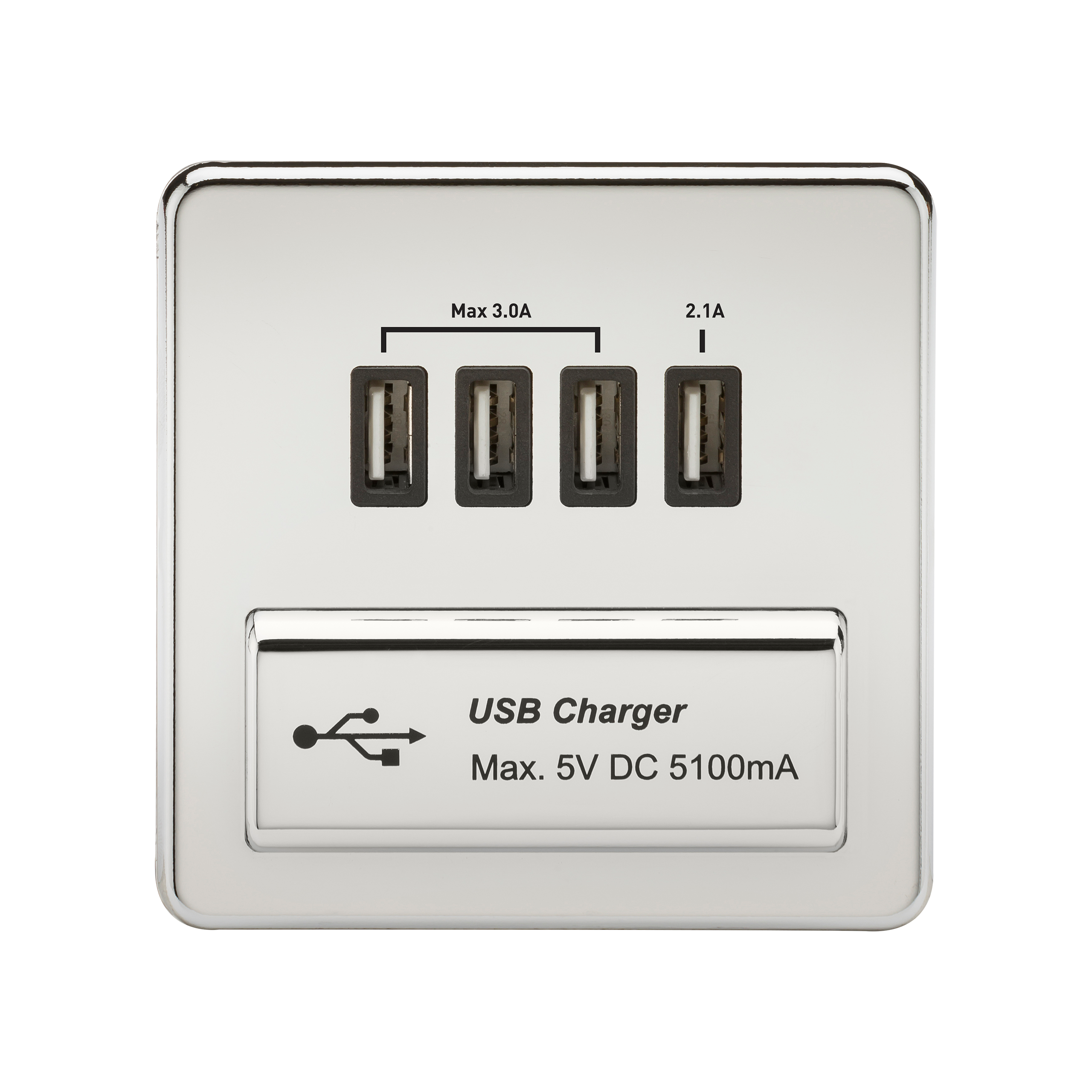 1G Screwless Polished Chrome Quad USB 5V Charger Outlet - Black Insert