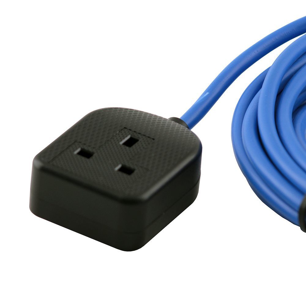 16A 230V Blue Male to 1 Gang Socket Hook Up Extension Cable Lead - 10m