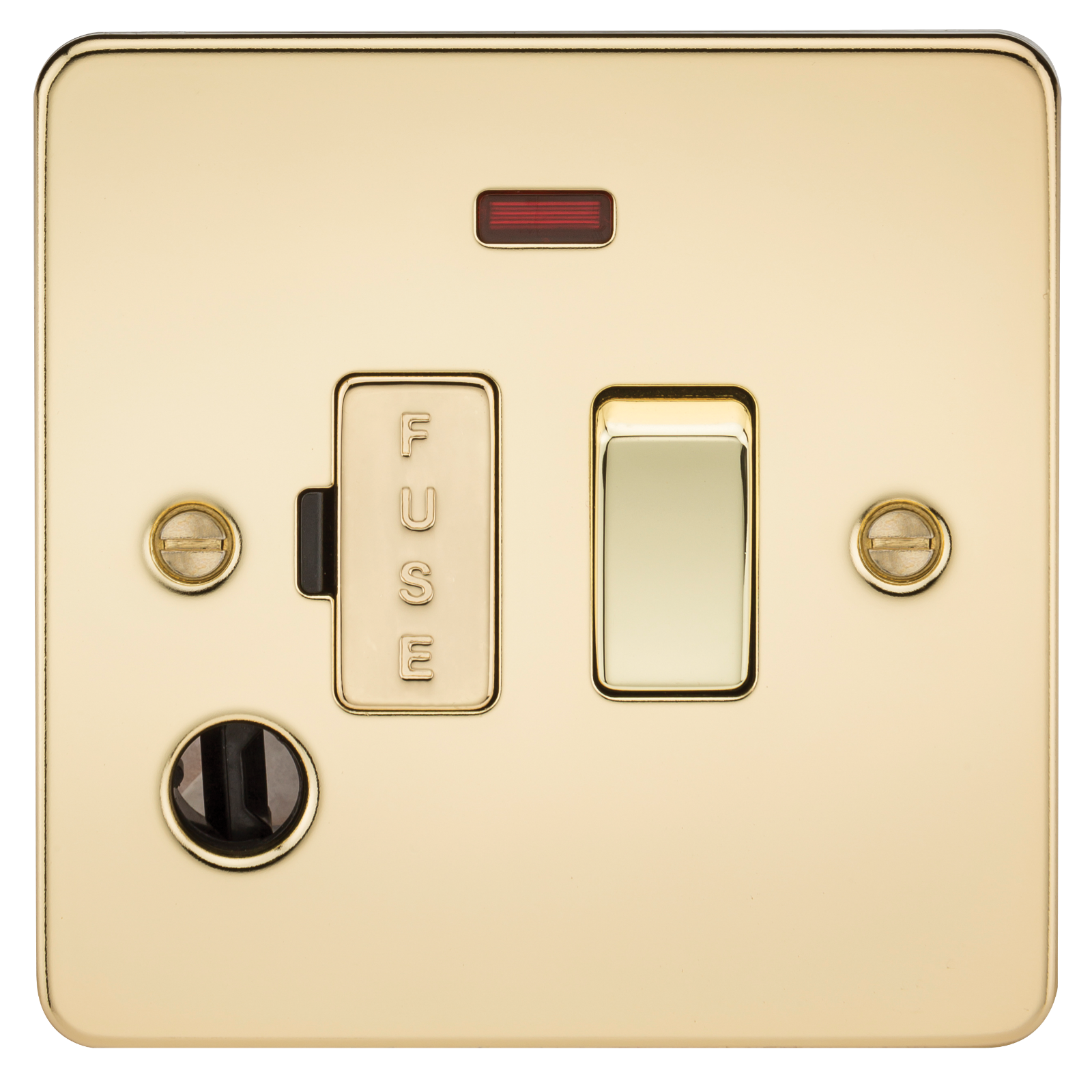 Flat Plate 13A switched fused spur unit with neon and flex outlet - polished brass