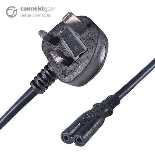 Black 5A UK Mains Plug Top to IEC C7 Figure of 8 TV Power Cord Cable - 2m