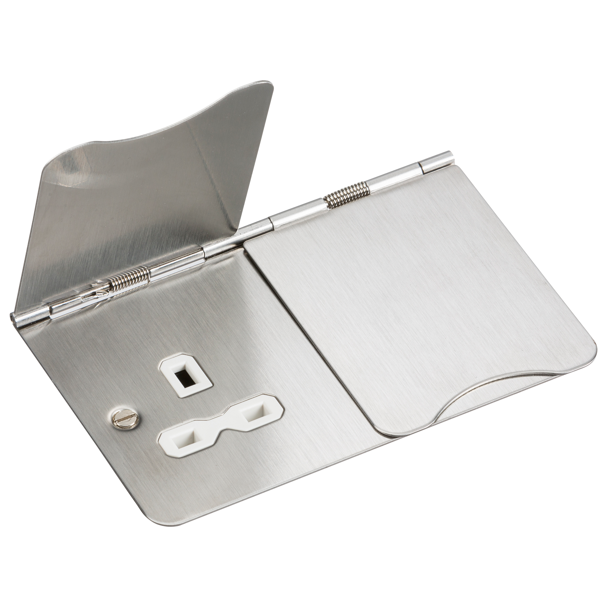 13A 2 Gang UK 3 Pin Unswitched Flat Plate Floor Socket - Brushed Chrome