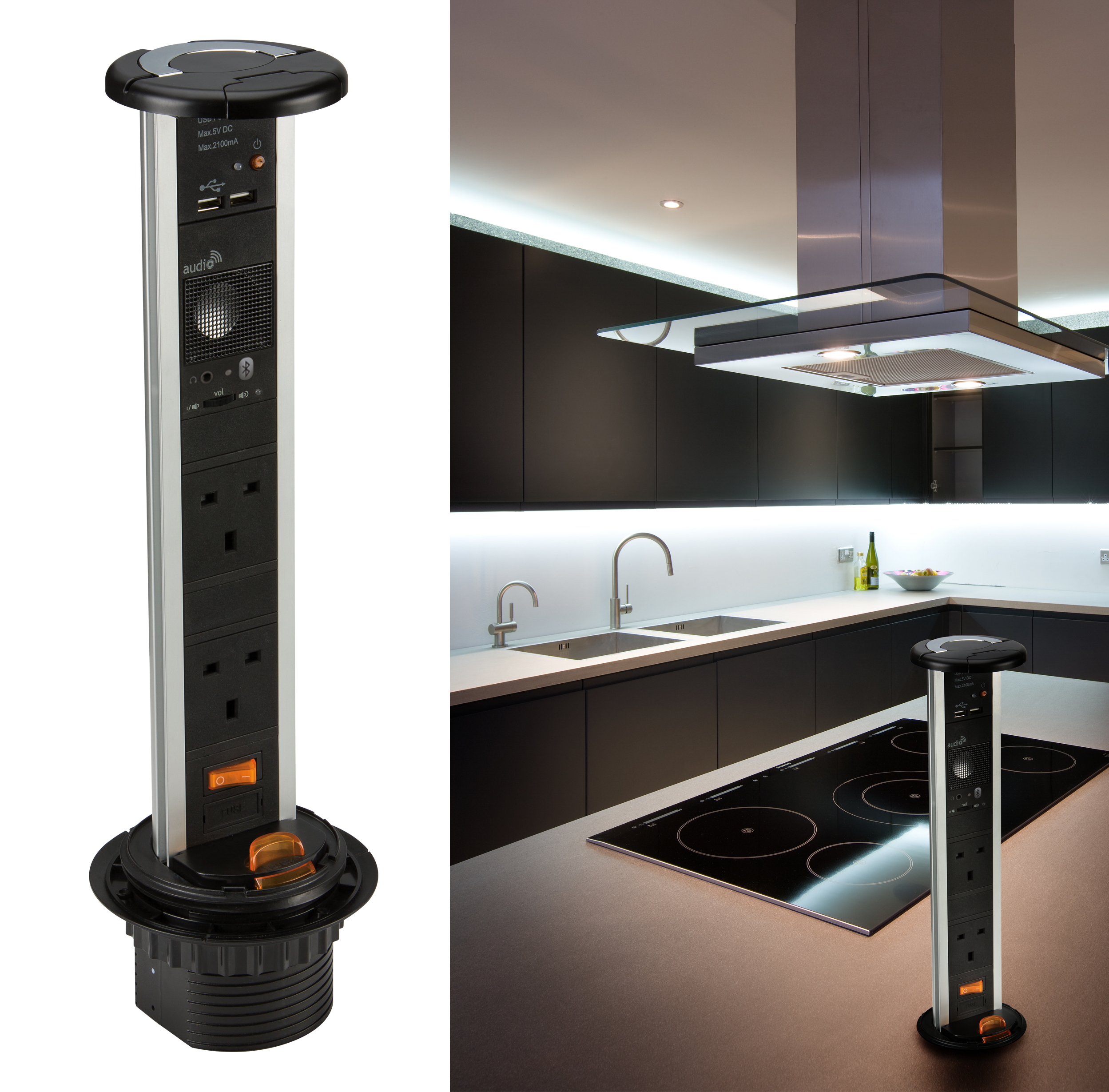 13A 2G Pop Up Table Top Socket with Twin USB Charging Ports & Bluetooth Speaker