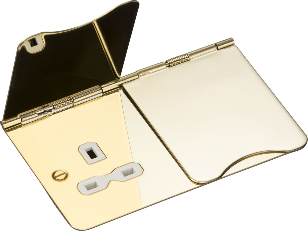 2G Unswitched Flat Plate Floor Socket - Polished Brass, White Insert