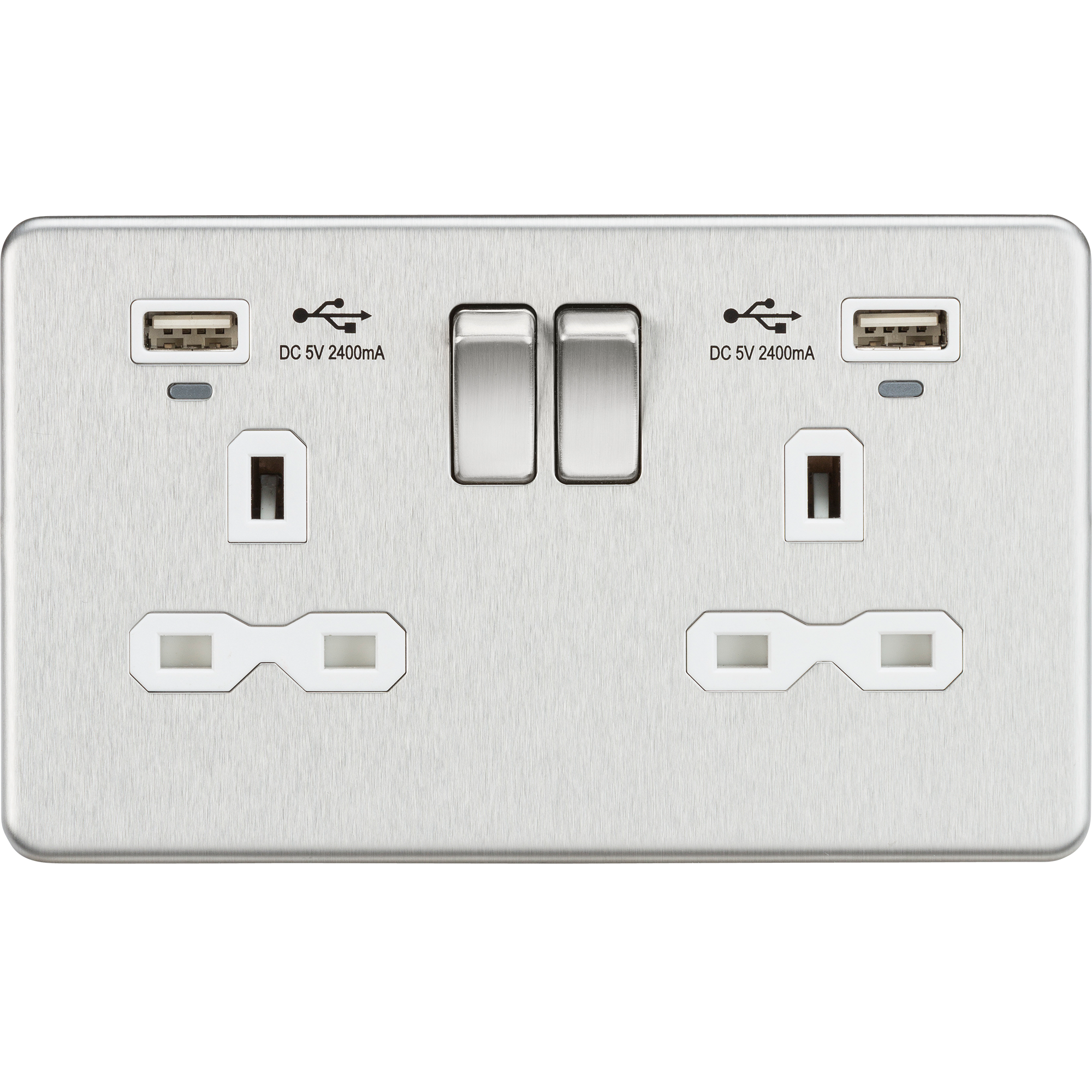 13A 2G Brushed Chrome Switched Sockets, Dual USB (2.4A) with LED Charge Indicators - White Insert