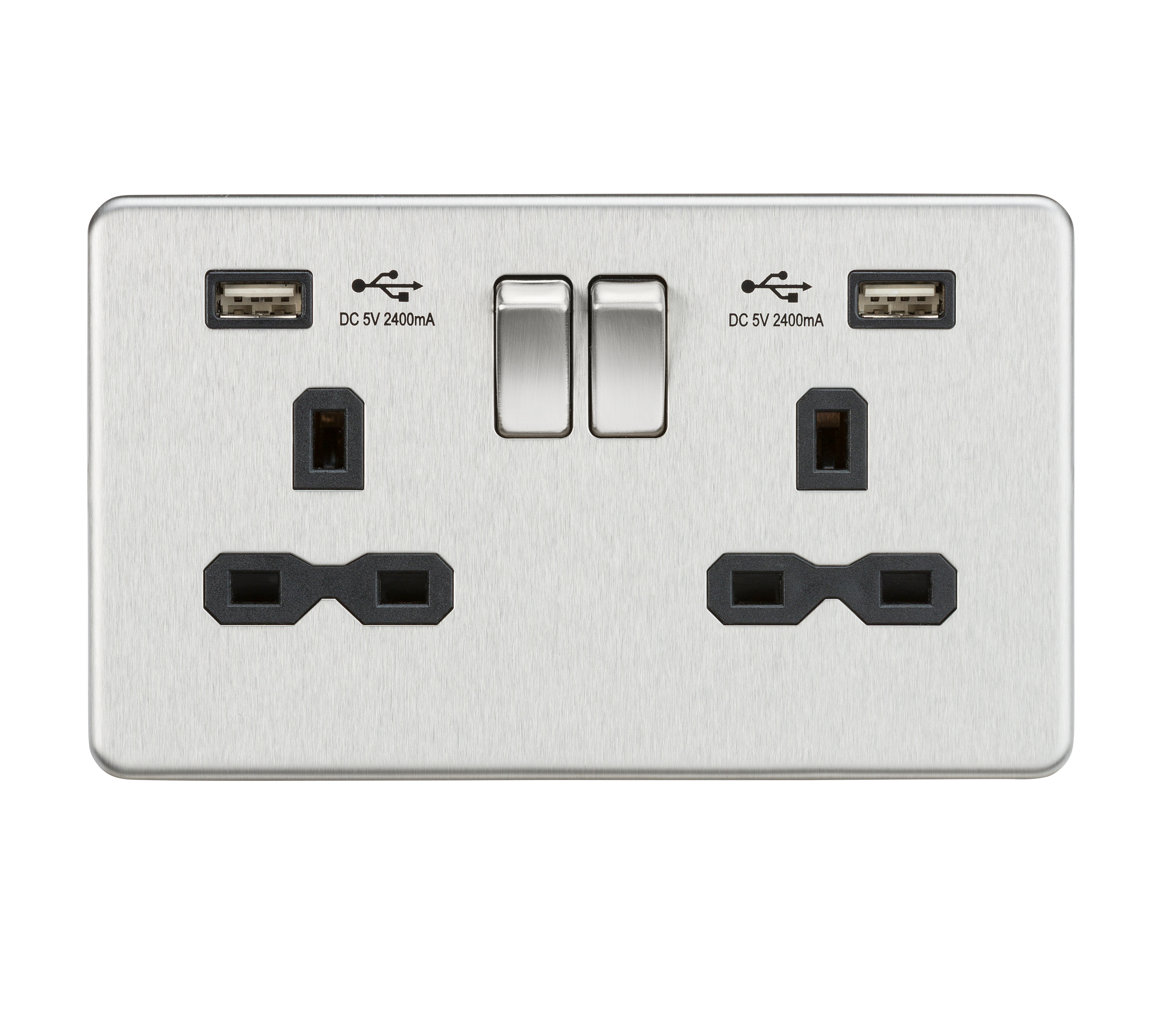 2G 13A Screwless Brushed Chrome 2G Switched Socket with Dual 5V USB Charger Ports - Black Insert