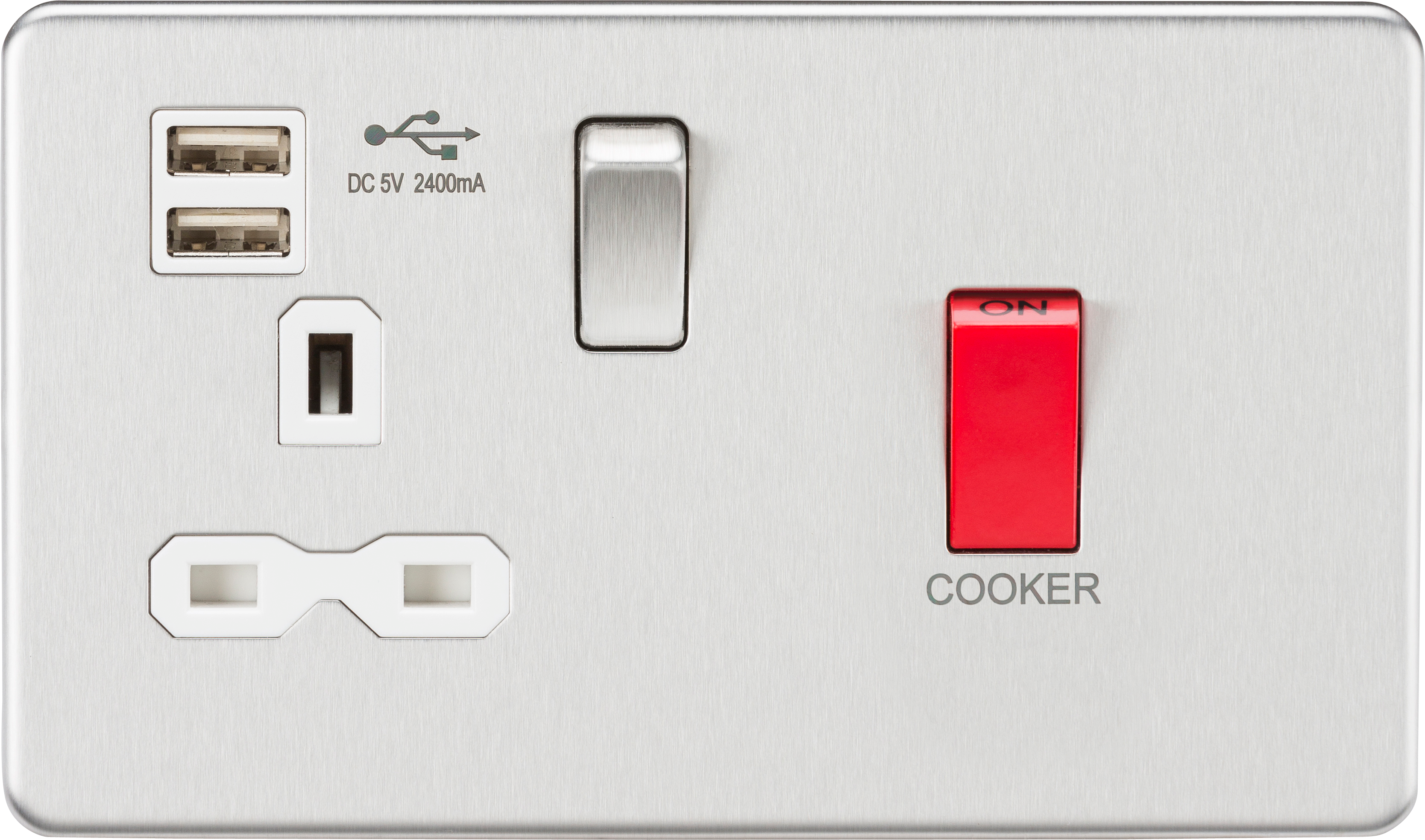 45A DP Switch & 13A Switched Socket with Dual USB Charger 2.4A - Brushed Chrome with white insert