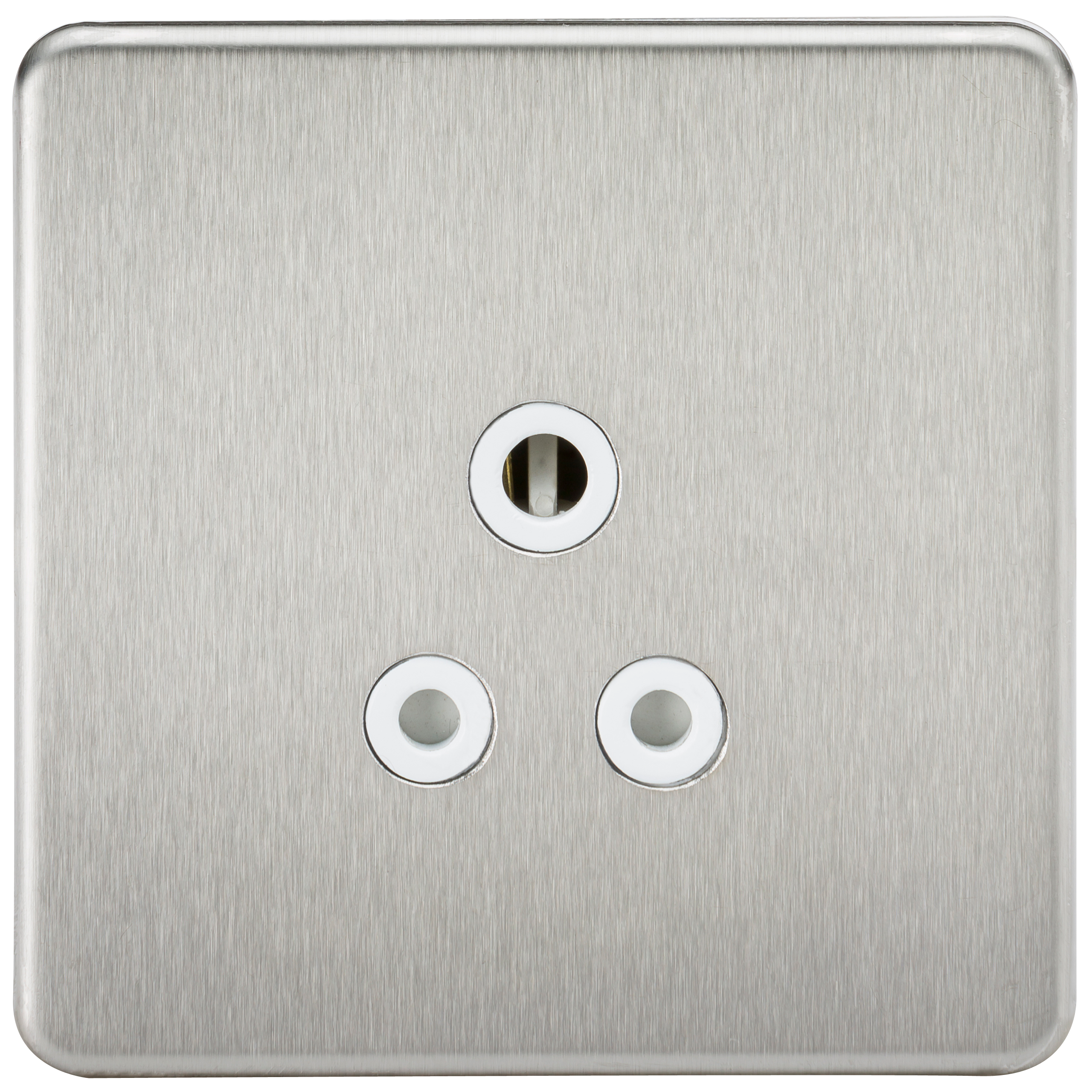 1G 5A Screwless Brushed Chrome Round Pin 230V Unswitched Electrical Wall Socket - White Insert