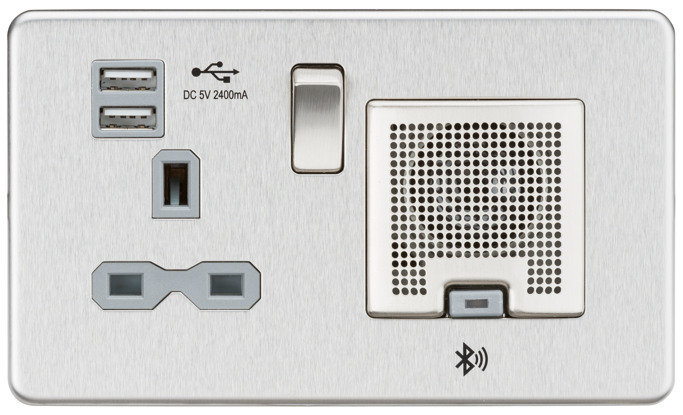 Screwless 13A socket, USB chargers (2.4A) and Bluetooth Speaker - Brushed chrome with grey insert