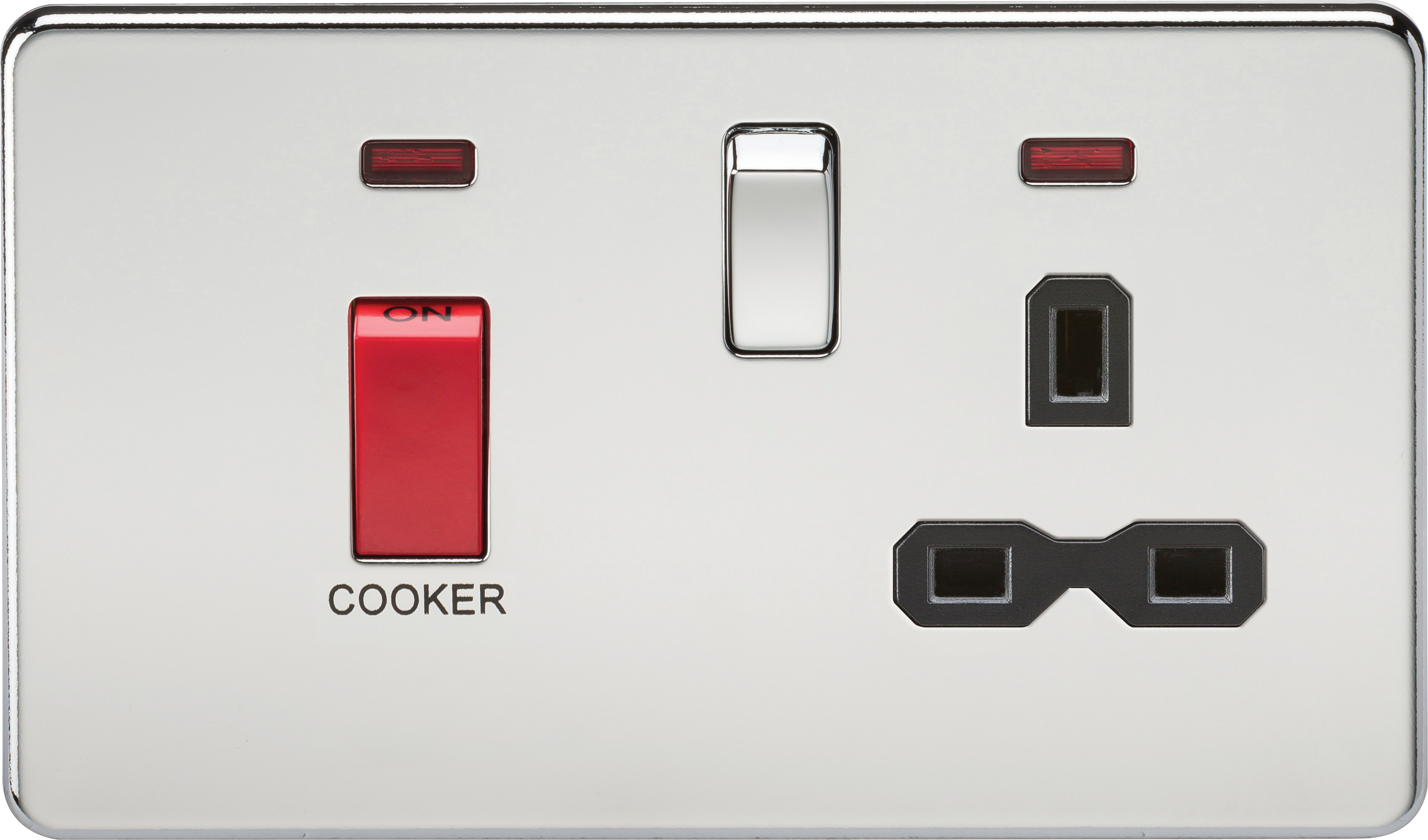 45A 2G DP 230V Screwless Polished Chrome Switch With Neon and Socket - Black Insert