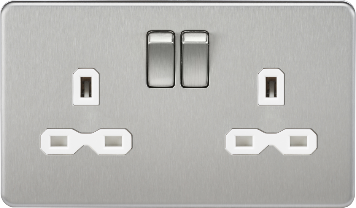 2G DP 13A Screwless Brushed Chrome 230V UK 3 Pin Switched Electric Wall Socket - White Insert