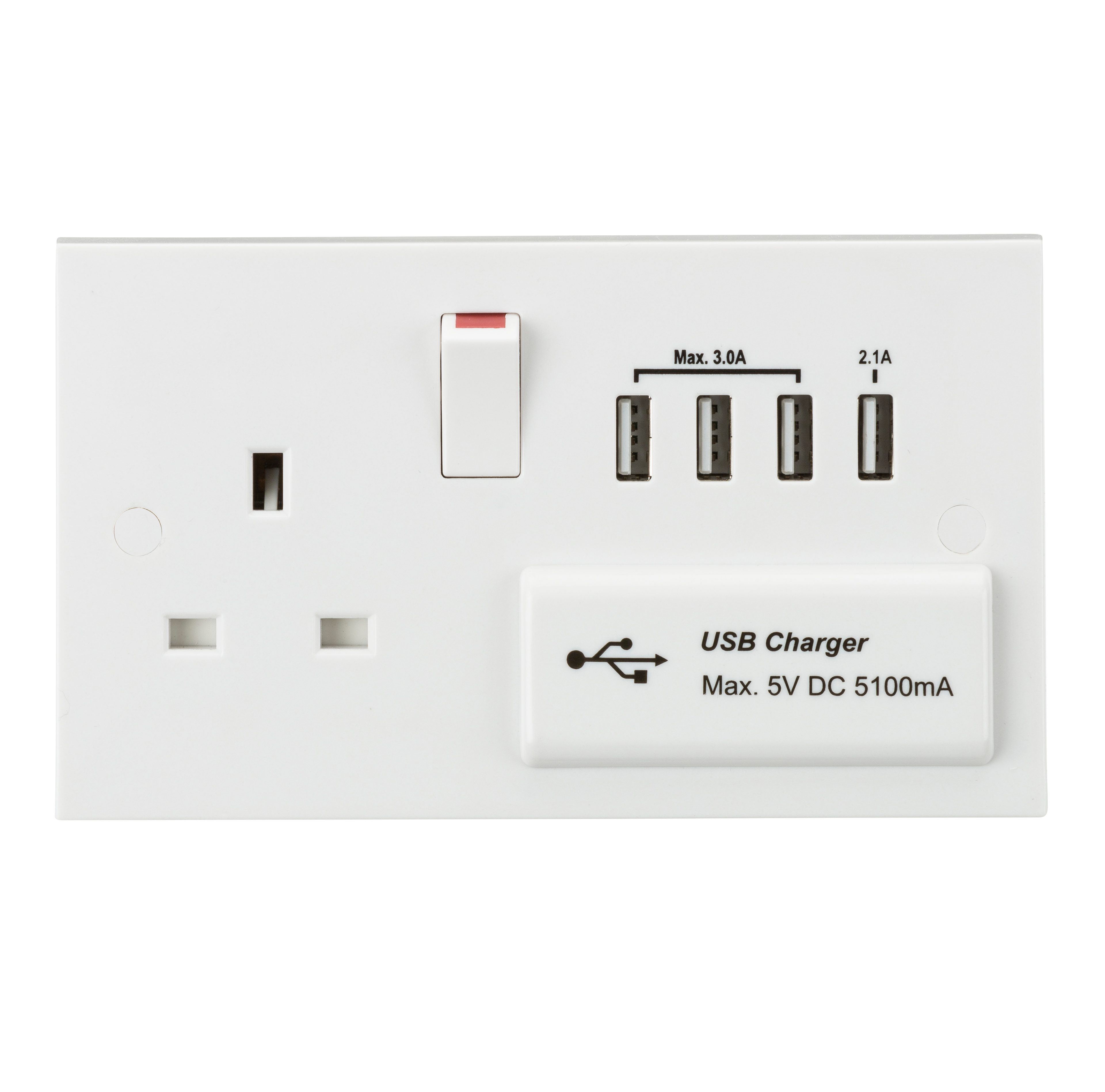 13A Switched Socket with Quad USB Charger 5V DC 5.1A