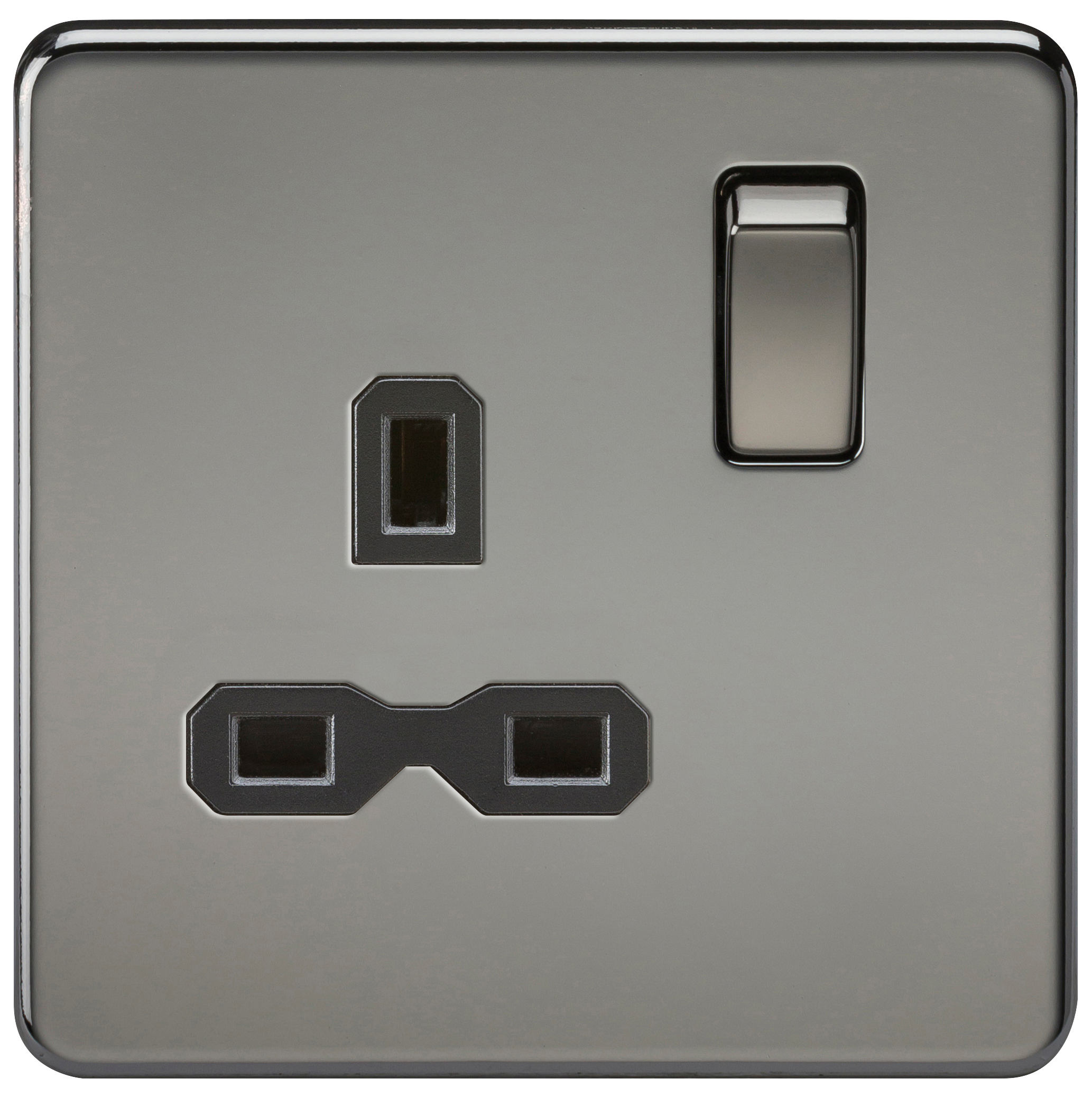 1G DP 13A Screwless Black Nickel 230V UK 3 Pin Switched Electrical Wall Socket - Black Insert