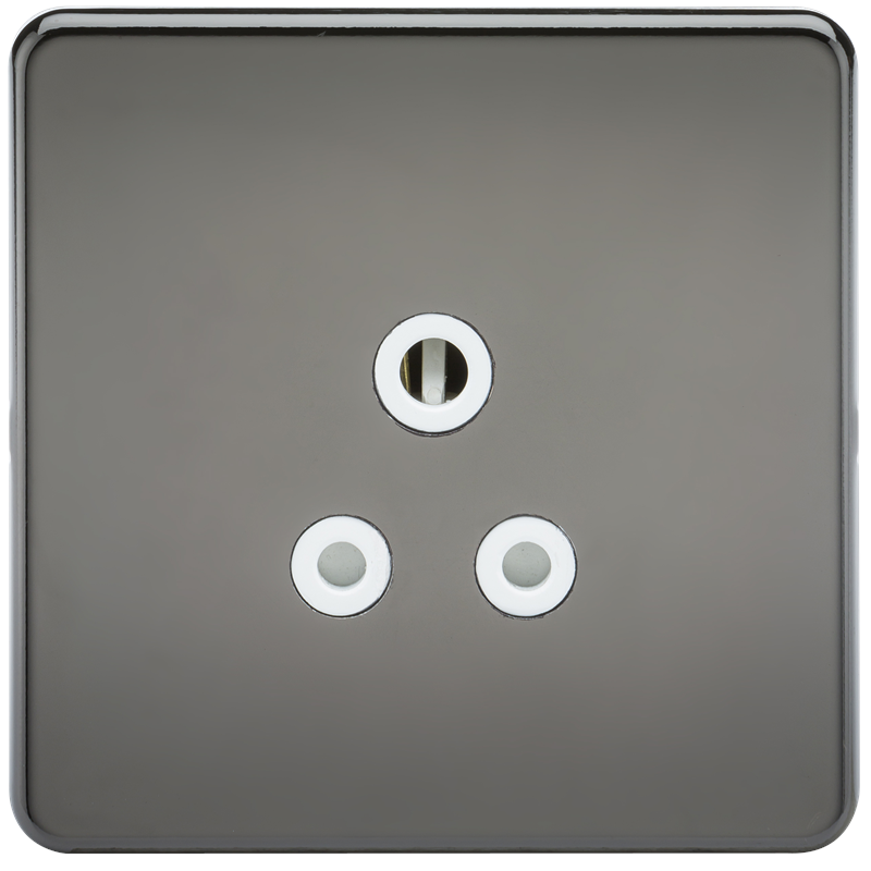 1G 5A Screwless Black Nickel Round Pin 230V Unswitched Electrical Wall Socket - White Insert