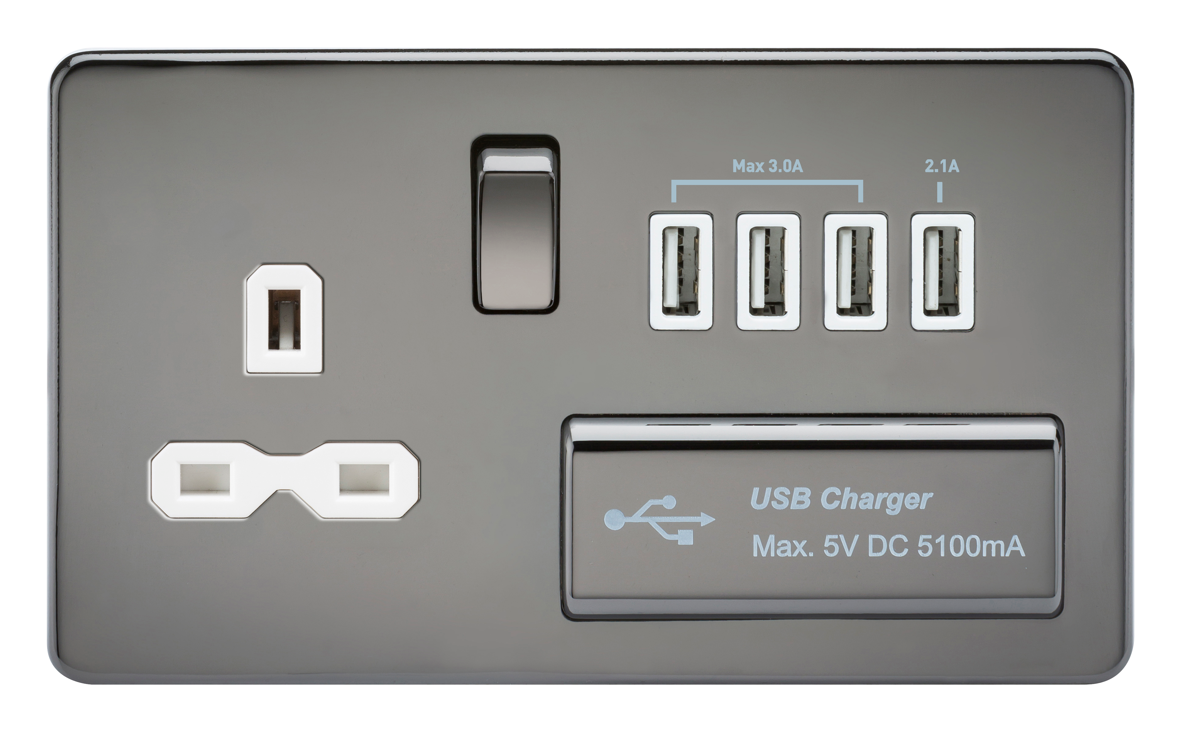 2G 13A Screwless Black Nickel 1G Switched Socket with Quad 5V USB Charger Ports - White Insert