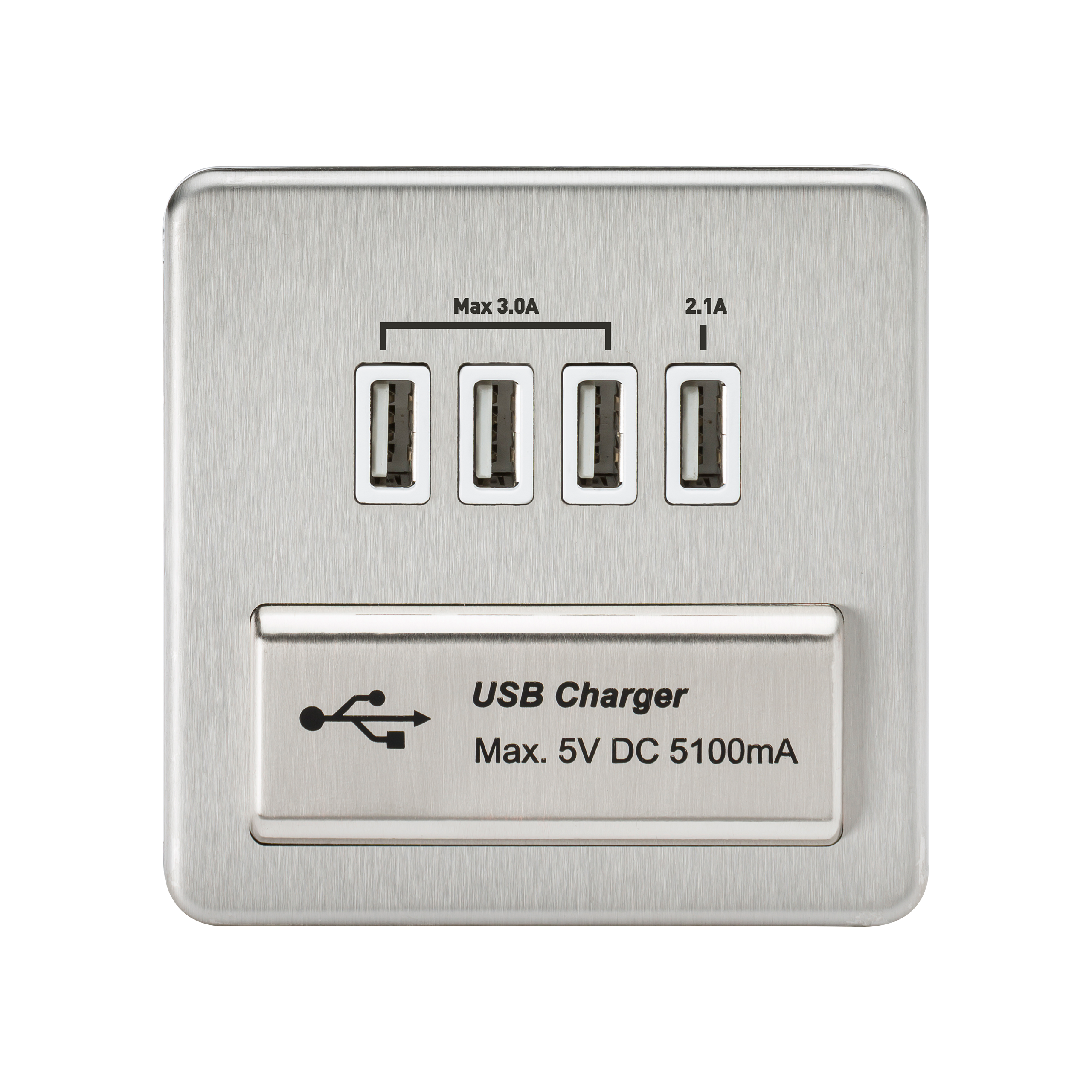 1G Screwless Brushed Chrome Quad USB 5V Charger Outlet - White Insert