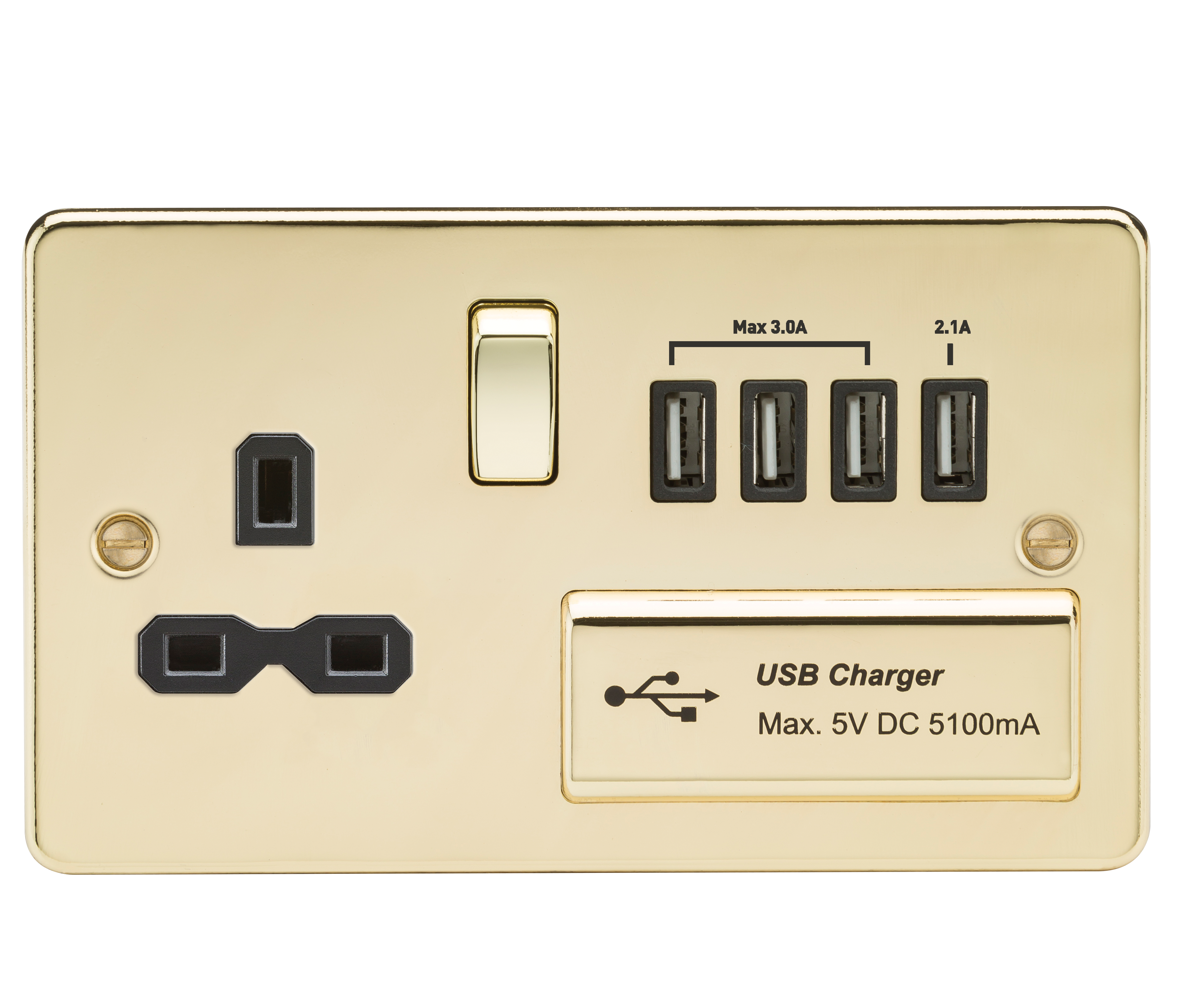 Flat plate 13A switched socket with quad USB charger - polished brass with black insert