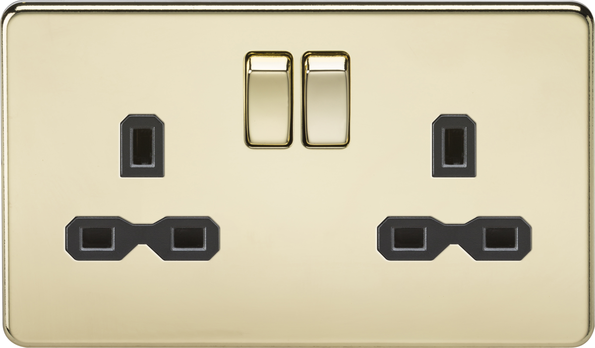2G DP 13A Screwless Polished Brass 230V UK 3 Pin Switched Electric Wall Socket - Black Insert