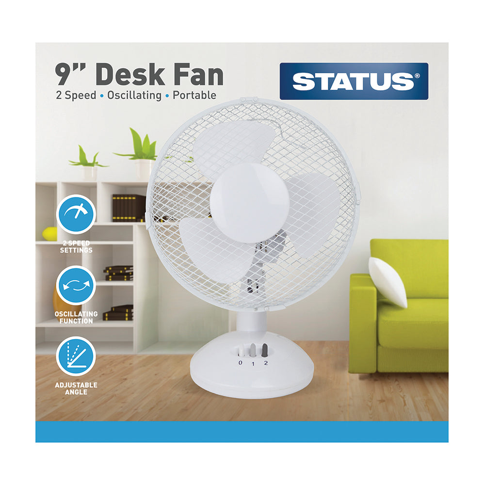 9 Inch White Desk Fan - Oscillating - 2 Speed Settings