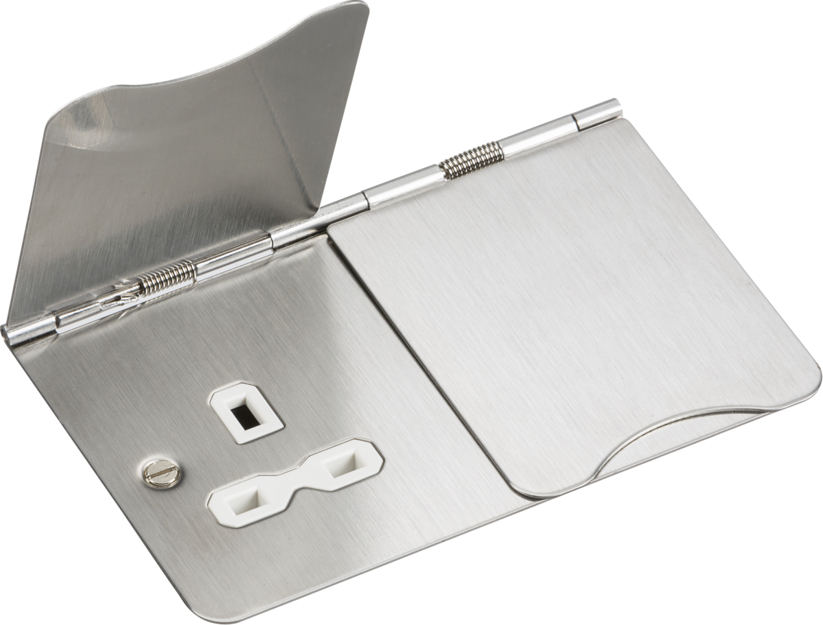 13A 2 Gang UK 3 Pin Unswitched Flat Plate Floor Socket - Brushed Chrome
