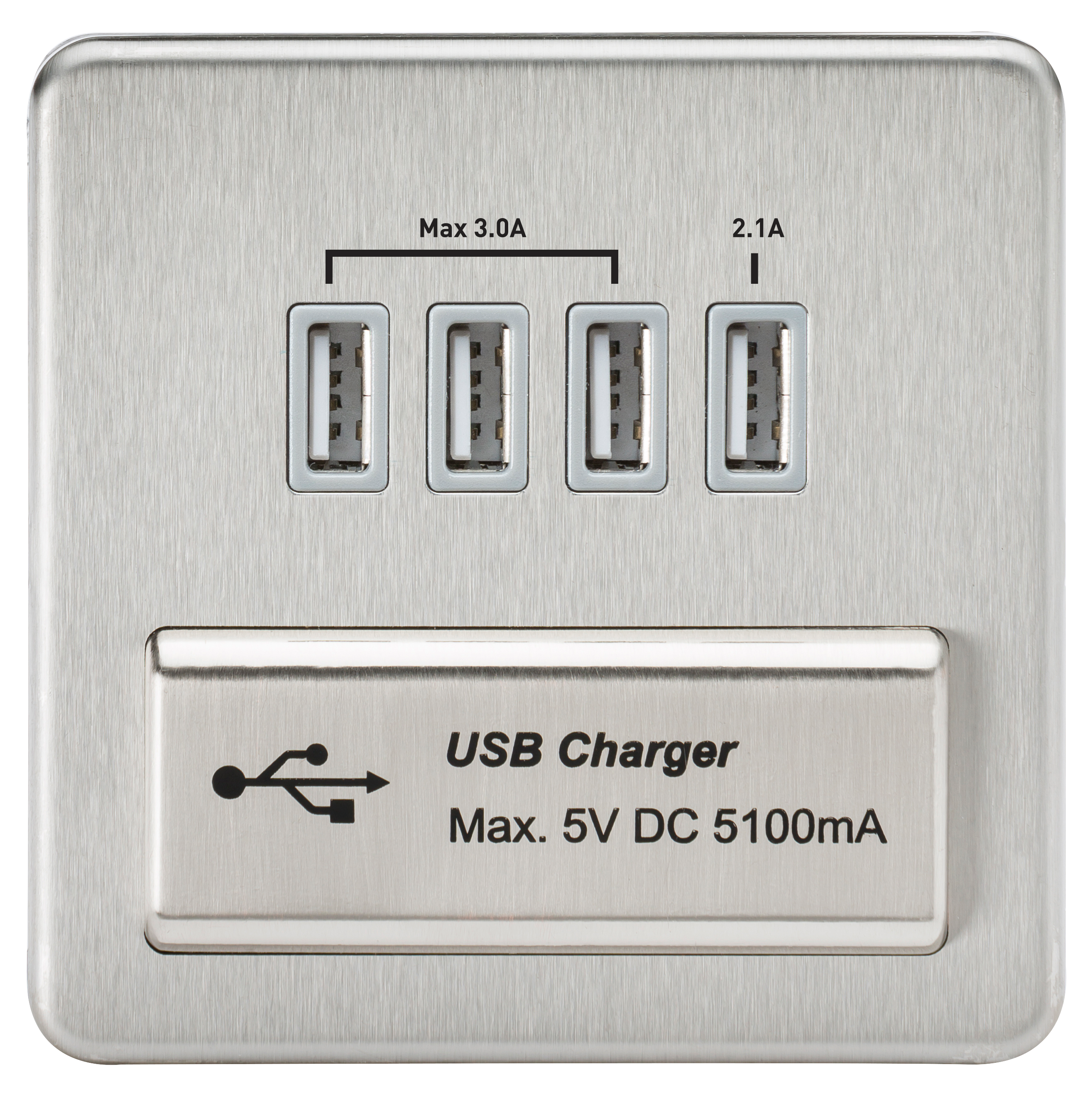 Screwless Quad USB Charger Outlet (5.1A) - Brushed Chrome with Grey Insert