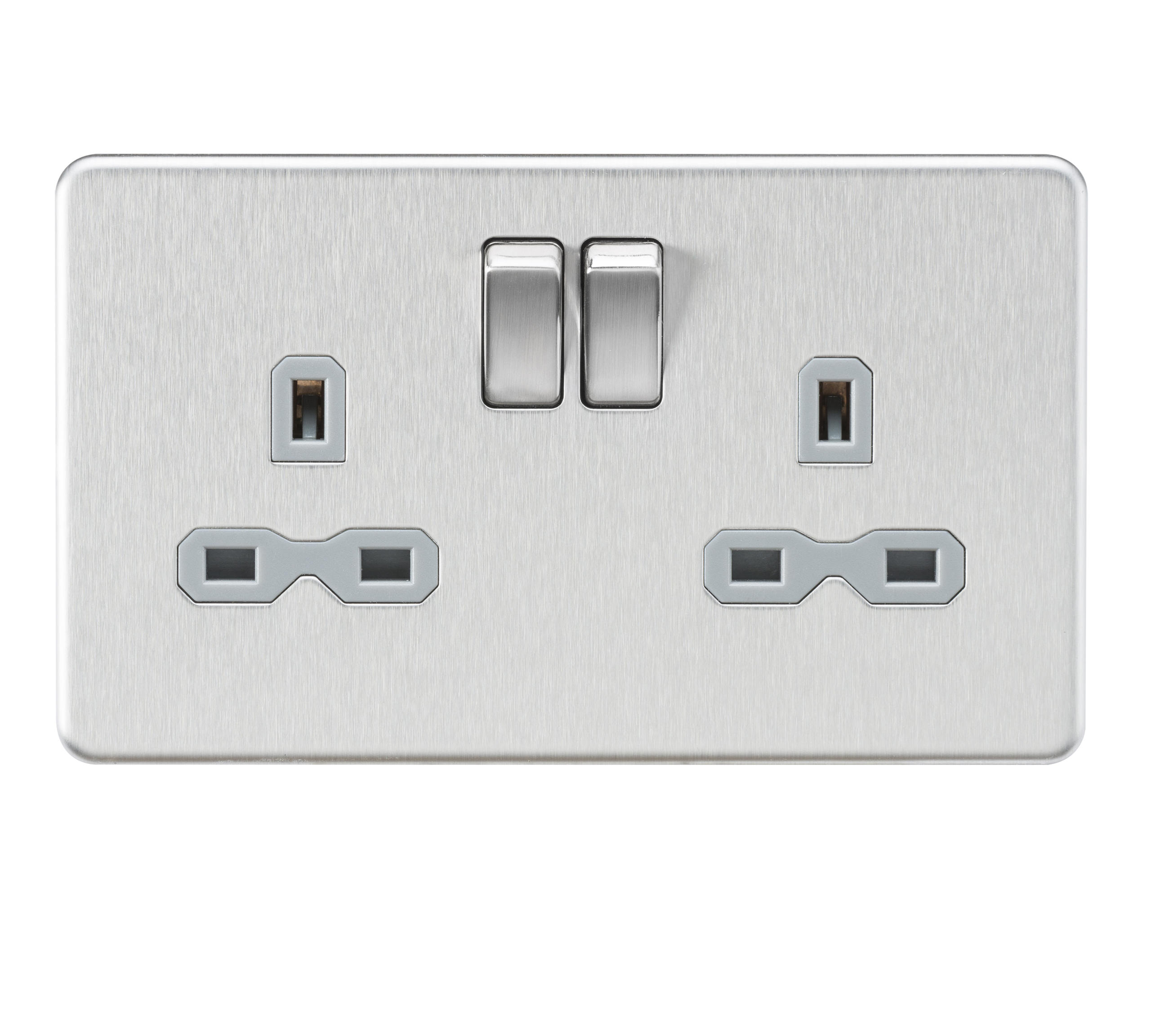 Screwless 13A 2G DP switched socket - Brushed chrome with grey insert