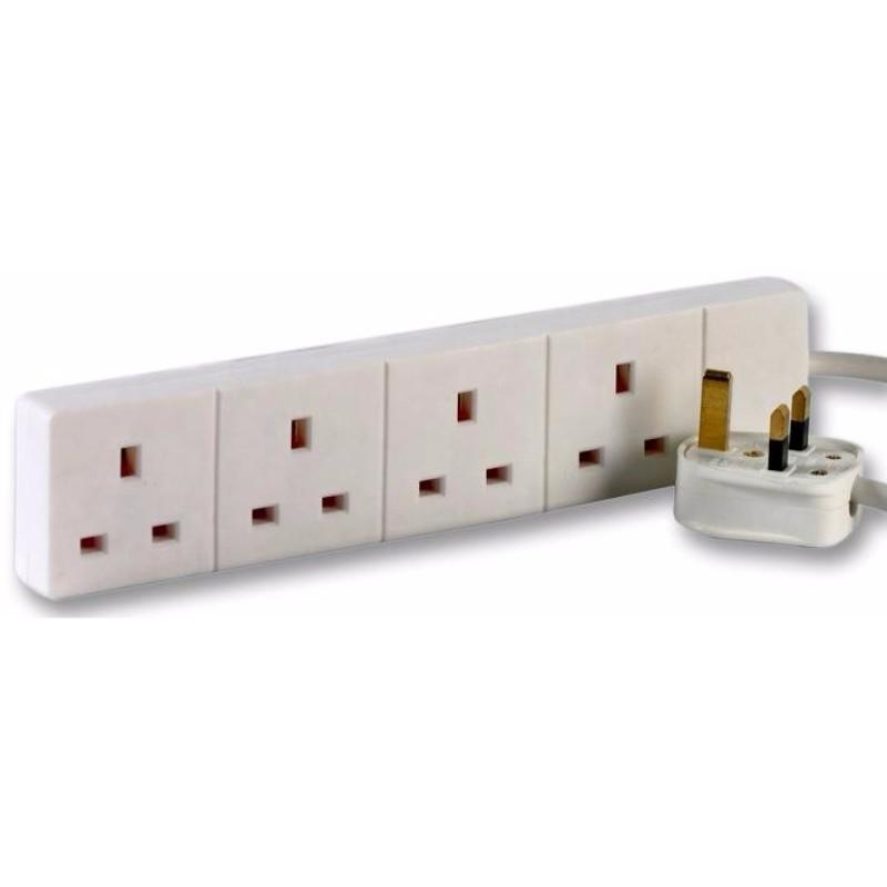 White UK 3 Pin Plug 4 Gang 4G Socket Extension Cord Cable Lead - 25m