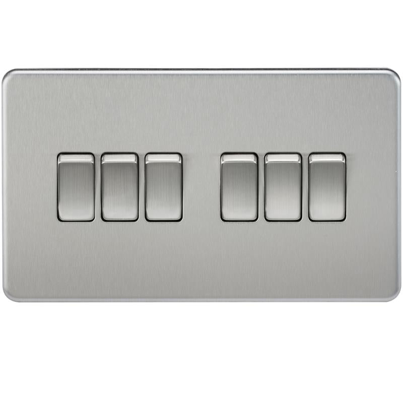 10A 6G 2 Way 230V Screwless Brushed Chrome Electric Wall Plate Switch