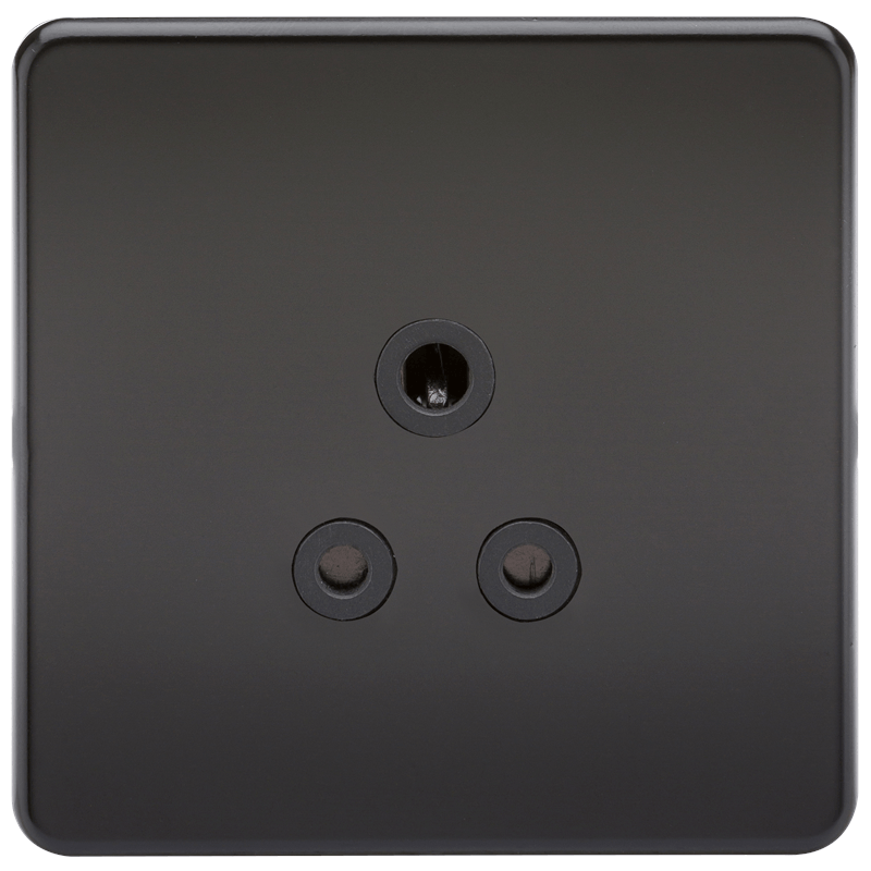 1G 5A Screwless Matt Black Round Pin 230V Unswitched Electrical Wall Socket