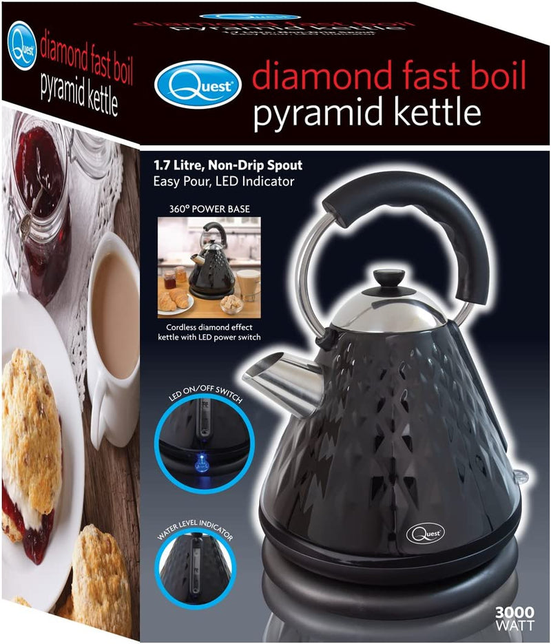 Quest 1.7L 3kW Diamond Cut Pyramid Kettle, Black