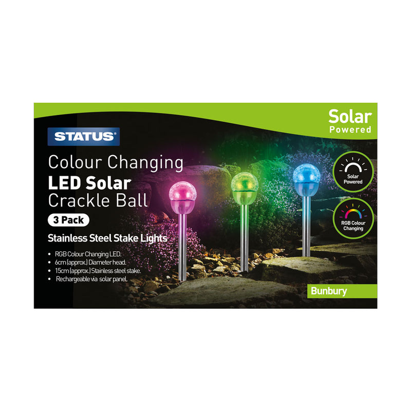 Status Bunbury - 6cm - Colour Changing - LED - Solar - Stake Light - Crackle Glass Ball -Stainless Steel, 3 Pack