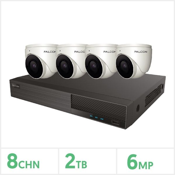 Falcon IP CCTV Kit - 8 Channel 2TB NVR with 4x 6MP Turret Kit, White