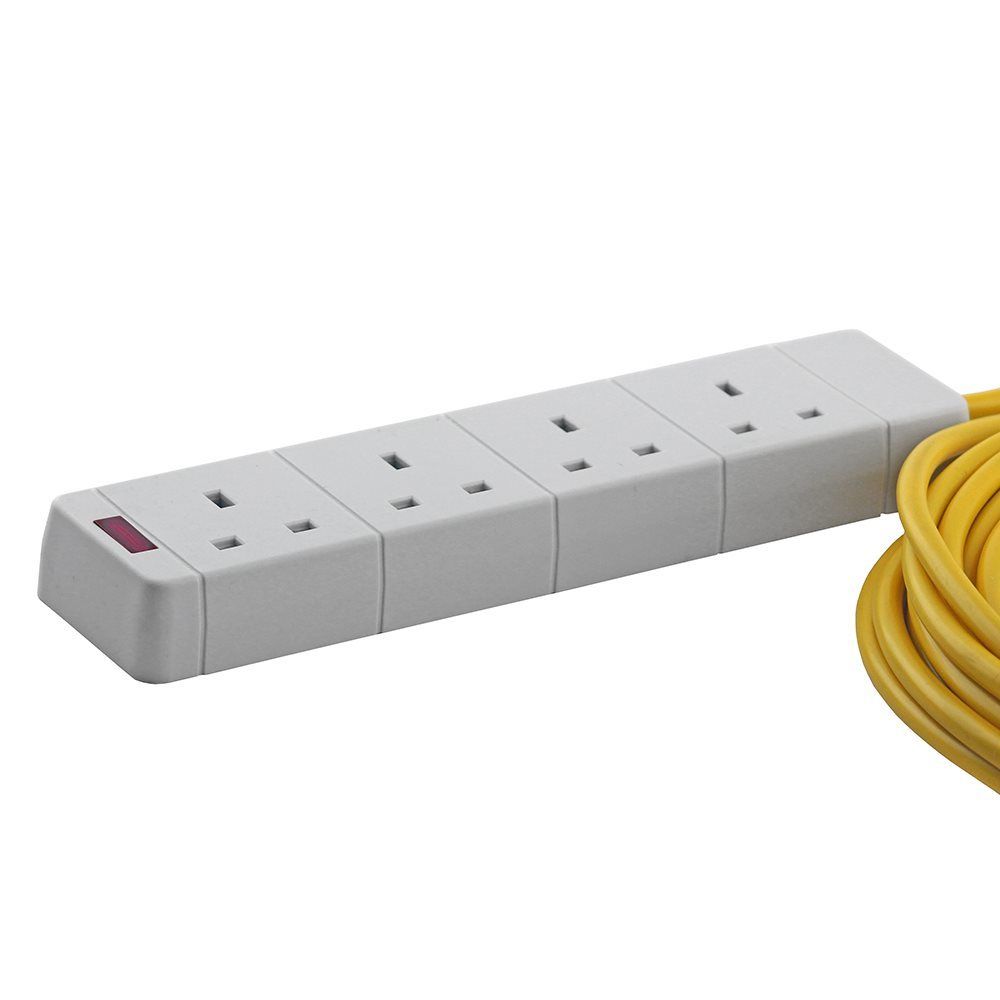 16A 230V Yellow Male to 4 Gang Hook Up Extension Cable Lead - 1m