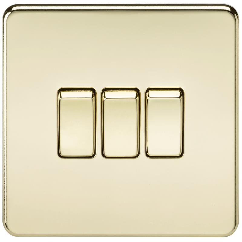 10A 3G 2 Way 230V Screwless Polished Brass Electric Wall Plate Switch