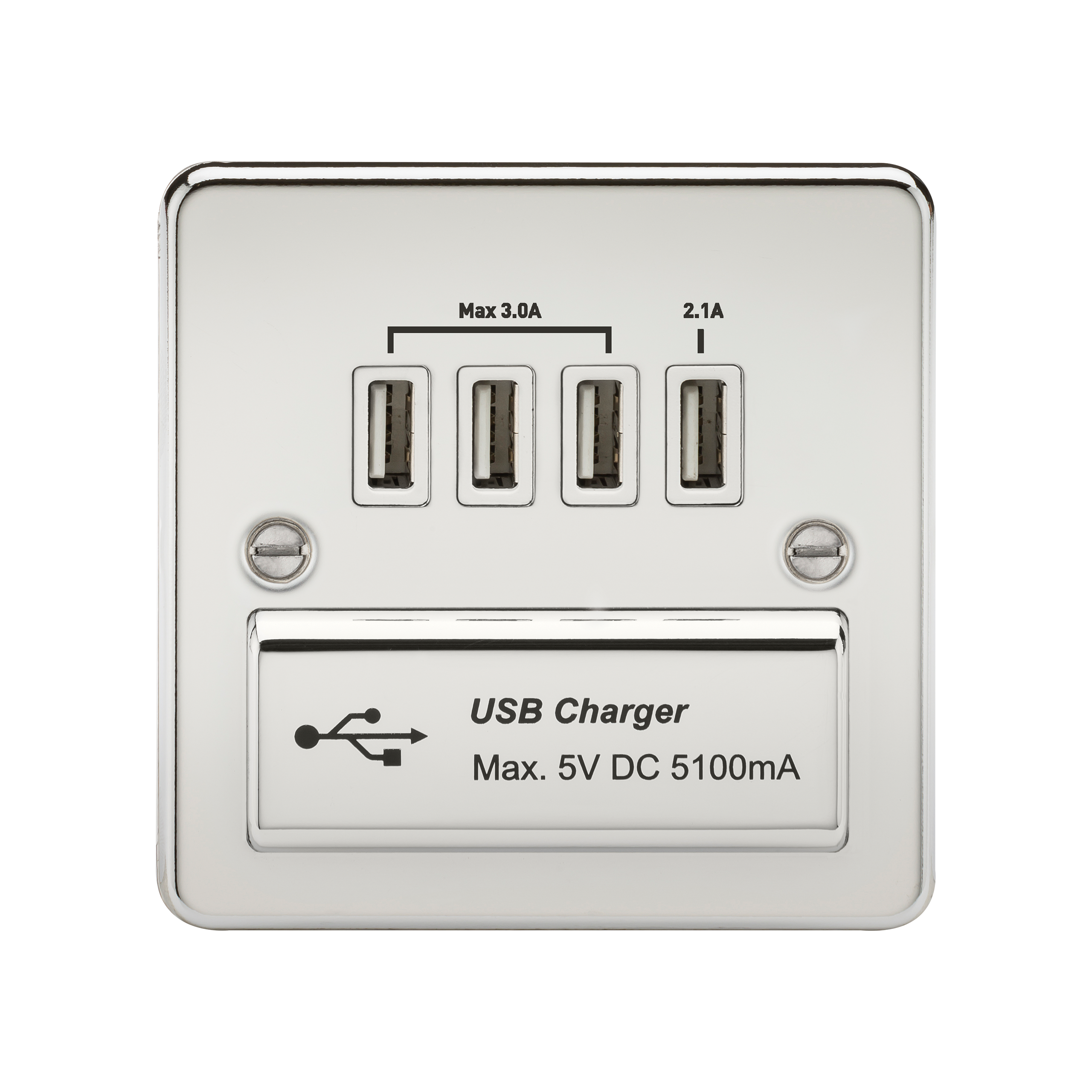 Flat Plate Quad USB charger outlet - Polished chrome with white insert