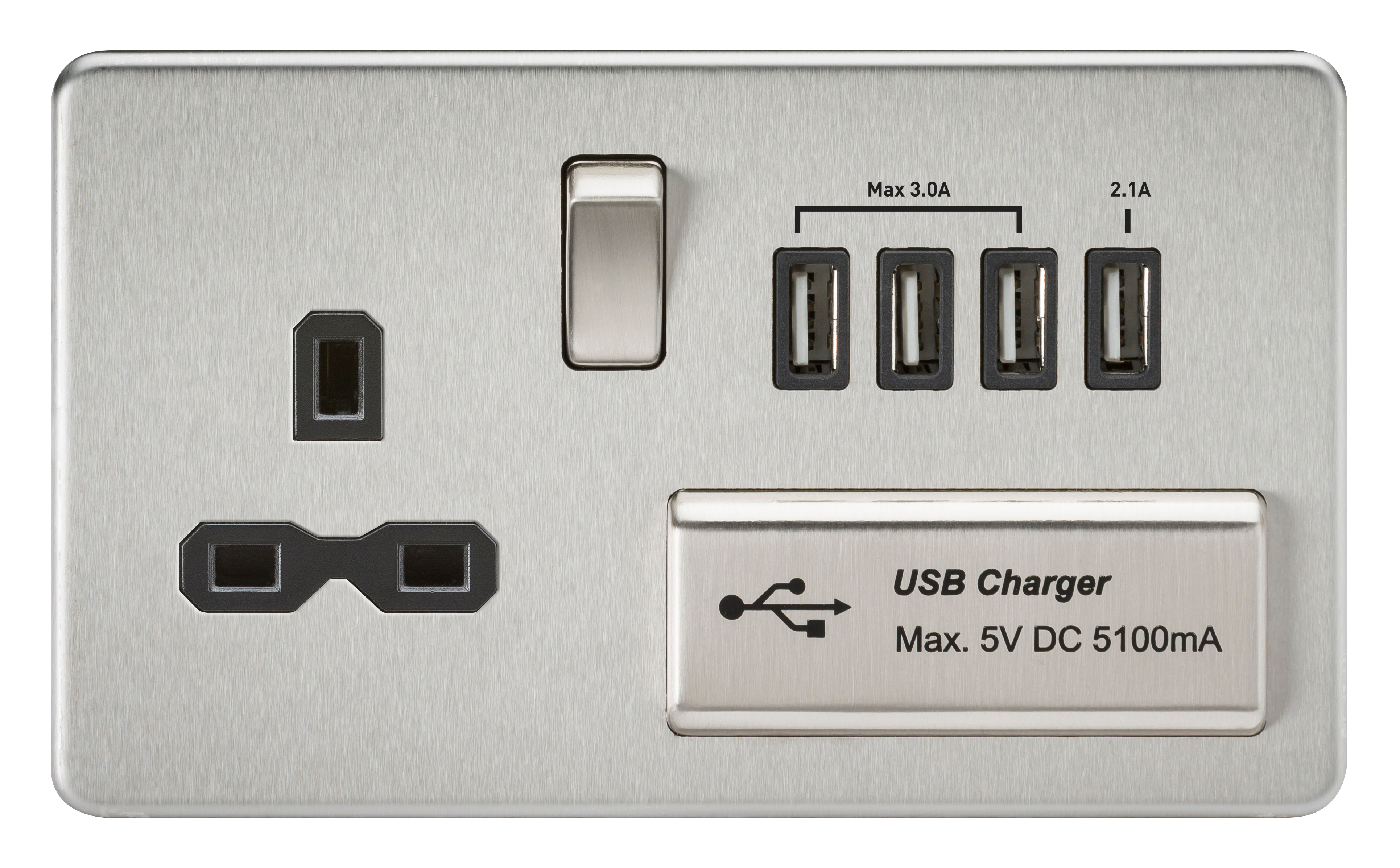 Screwless 13A switched socket with quad USB charger (5.1A) - brushed chrome with black insert