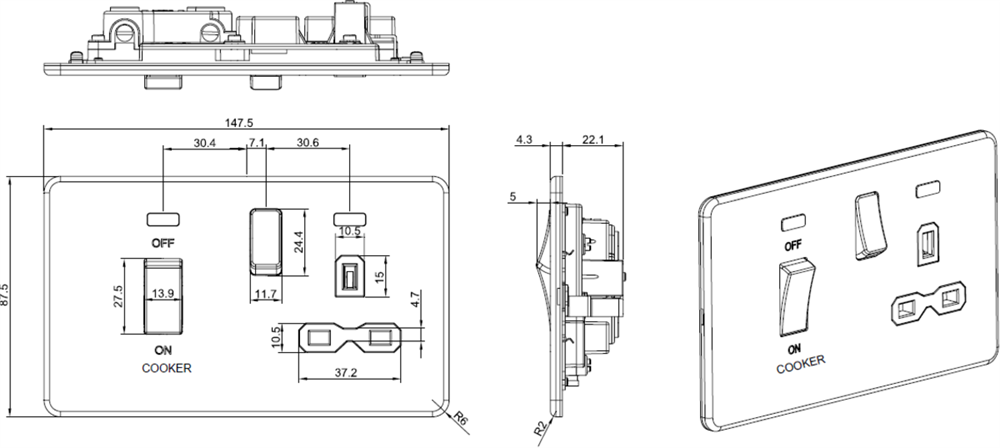 Screwless 45A DP switch and 13A switched socket with neons - brushed chrome with grey insert