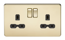 2G DP 13A Screwless Polished Brass 230V UK 3 Pin Switched Electric Wall Socket - Black Insert