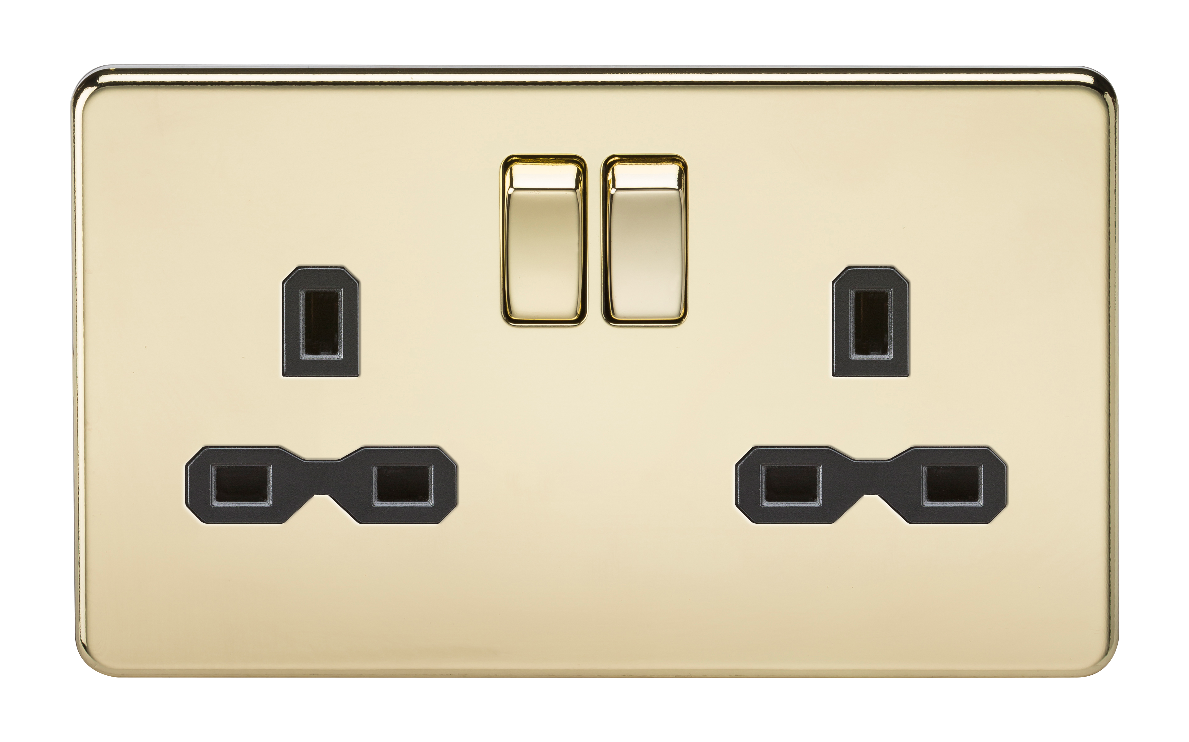 2G DP 13A Screwless Polished Brass 230V UK 3 Pin Switched Electric Wall Socket - Black Insert