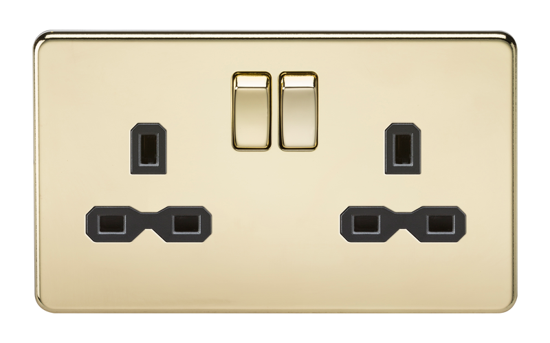2G DP 13A Screwless Polished Brass 230V UK 3 Pin Switched Electric Wall Socket - Black Insert