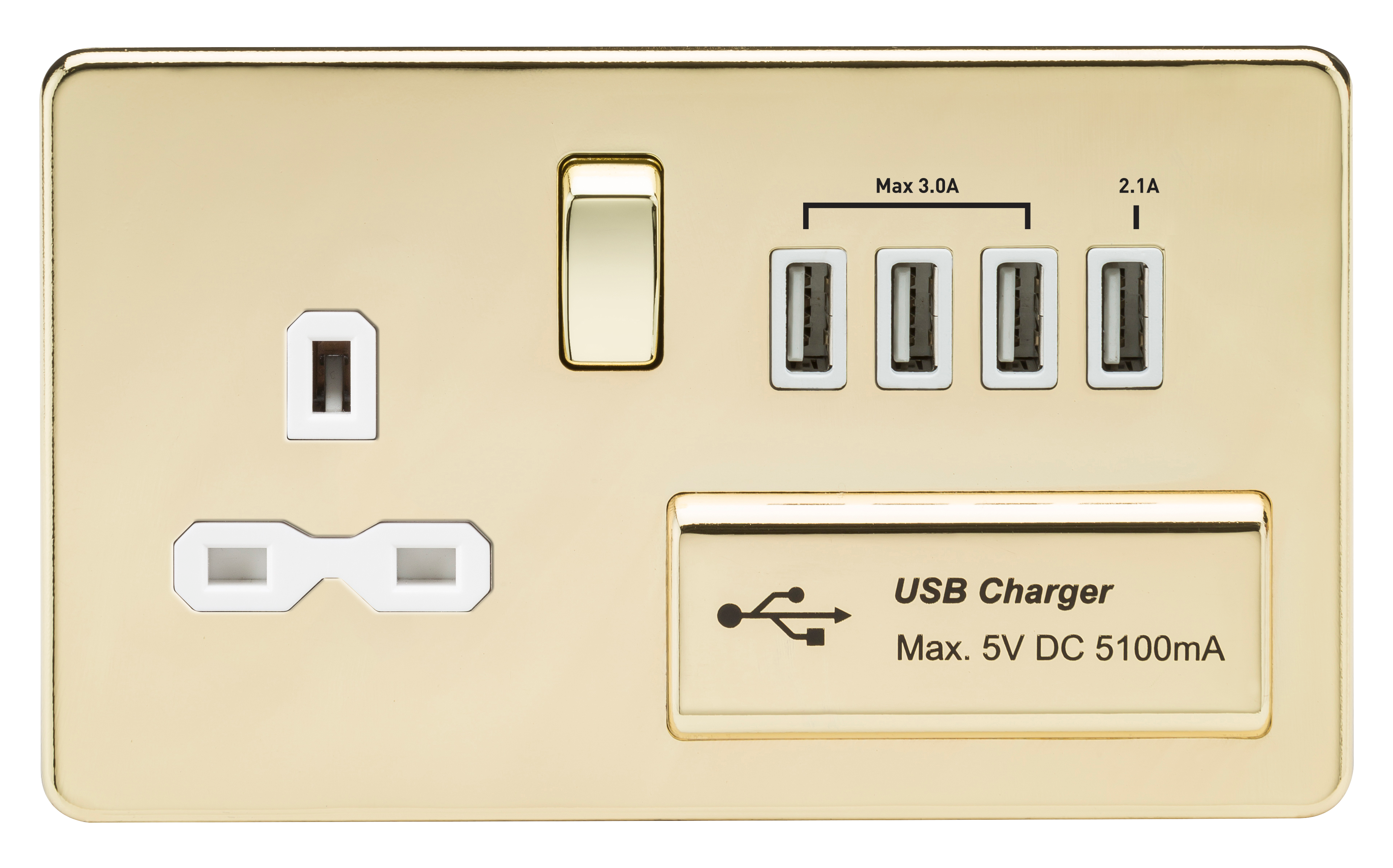 2G 13A Screwless Polished Brass 1G Switched Socket with Quad 5V USB Charger Ports - White Insert
