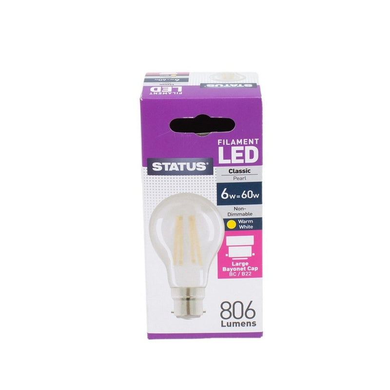 6W GLS LED Filament Pearl Bulb - Bayonet Cap