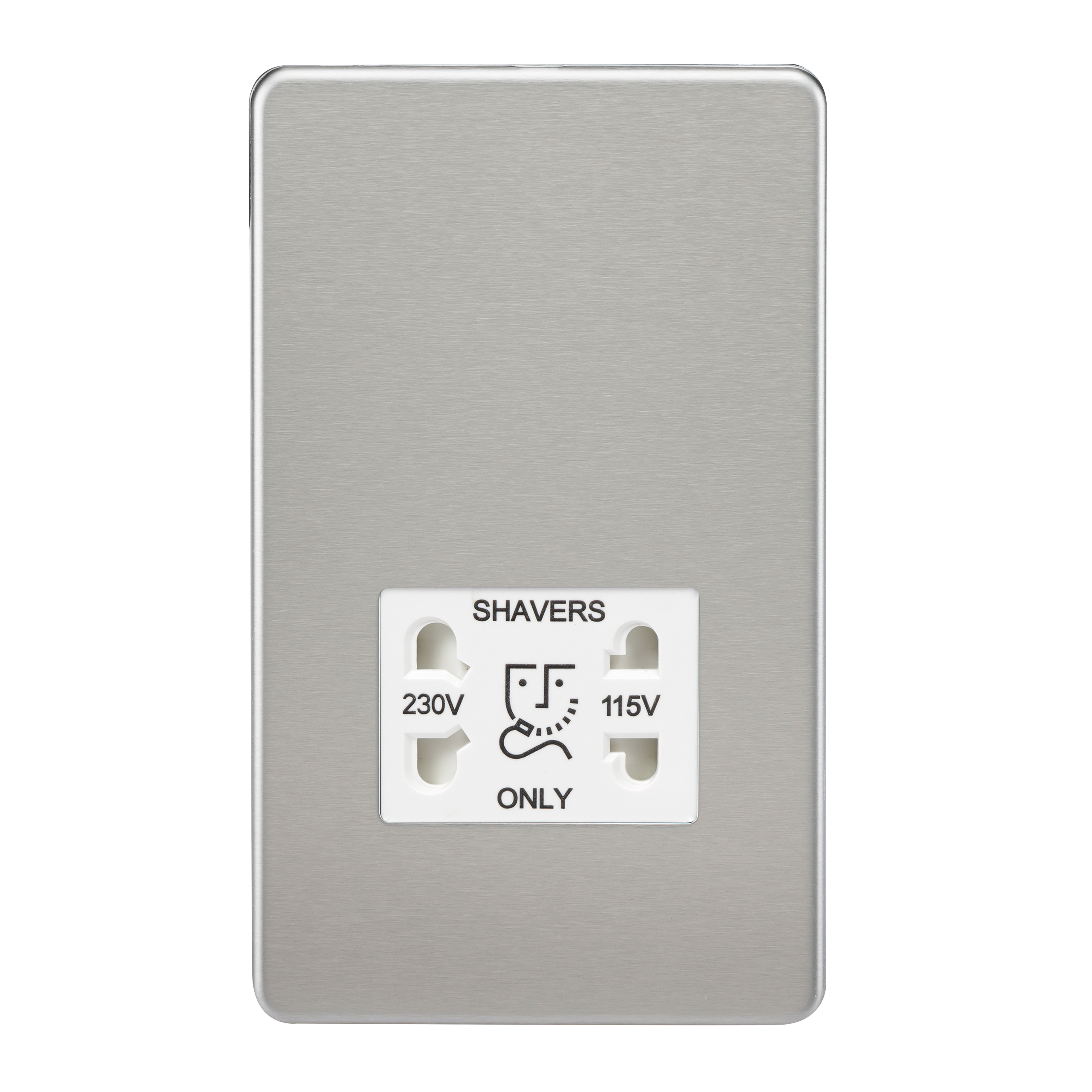 Screwless Brushed Chrome Shaver Socket Dual Voltage 115/230V - White Insert