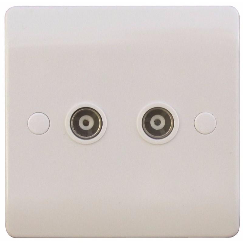 Sline White Twin Coaxial TV Outlet Un-Isolated Single Wall Plate