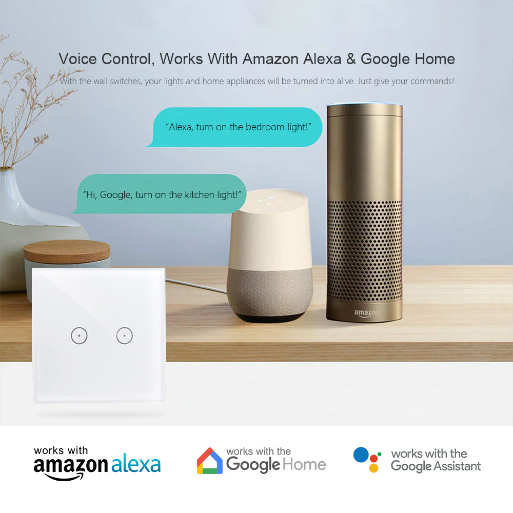 Wi-Fi Smart 2 Gang Touch Switch, Only Live Connection (with mini adapter), ENERSMART