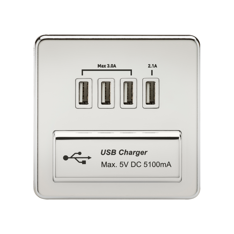 1G Screwless Polished Chrome Quad USB 5V Charger Outlet - White Insert