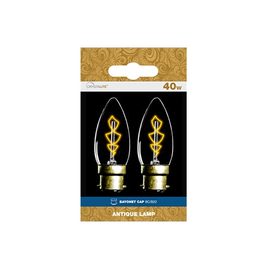 40w - Antique - C35 Candle - BC - Clear - Z Shape Filament, 2 Pack