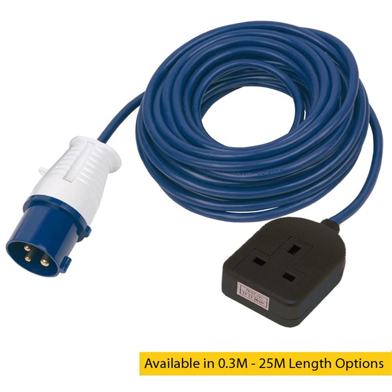 16A 230V Blue Male to 1 Gang Socket Hook Up Extension Cable Lead - 25m