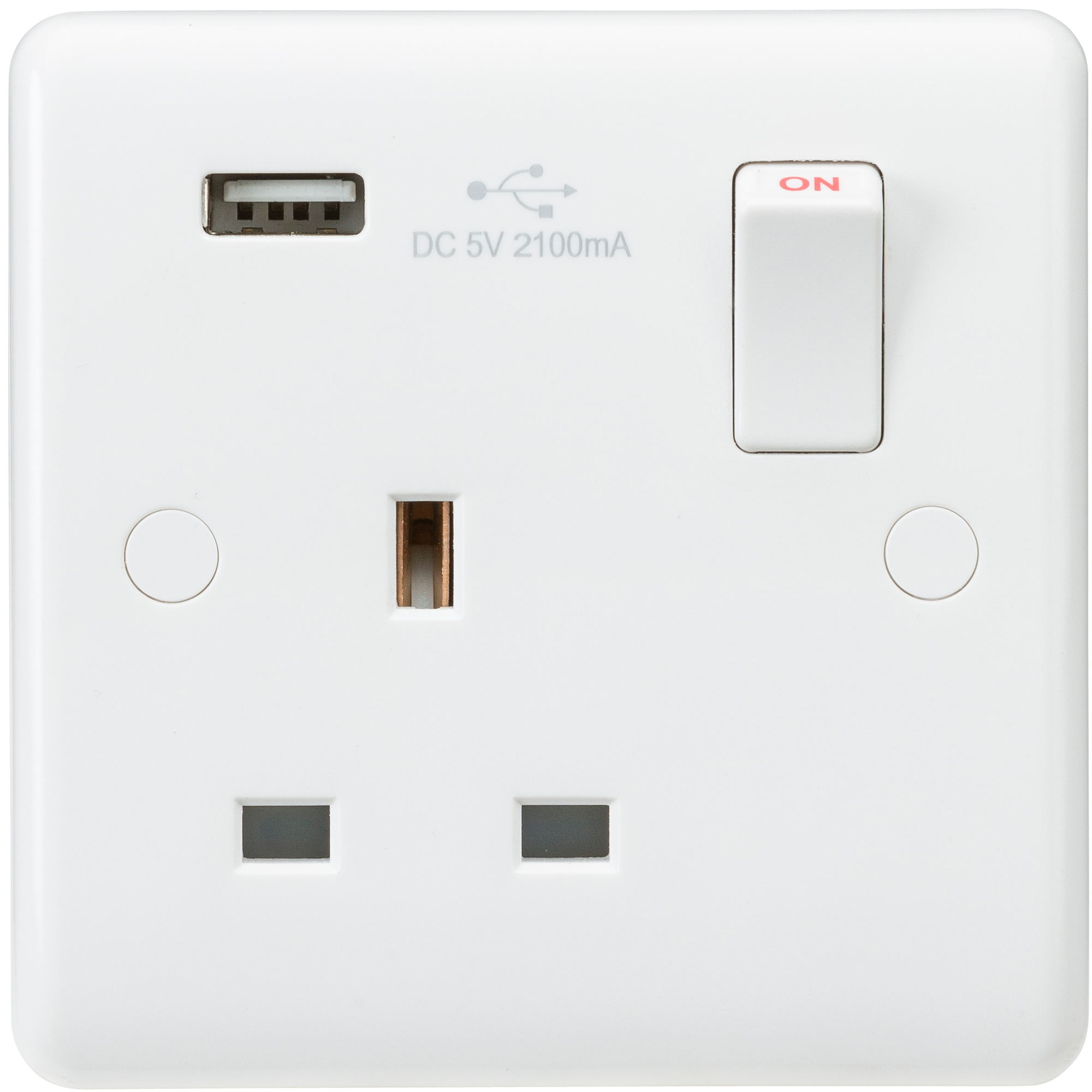 Curved Edge 13A 1G Switched Socket with USB Charger (5V DC 2.1A)